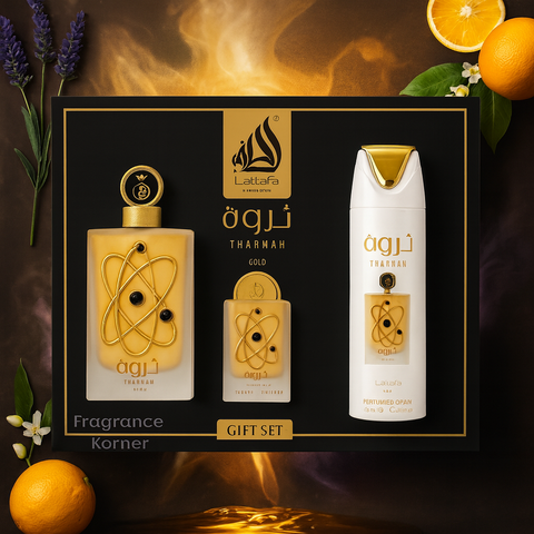 Coffret Cadeau Tharwah Gold – Lattafa Pride | Eau de Parfum 3 Pièces
