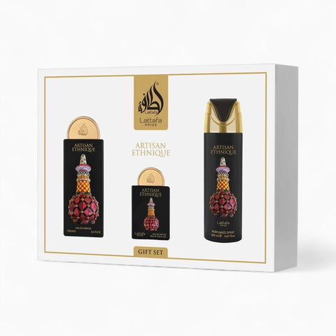 Coffret Cadeau Artisan Ethnique Eau de Parfum 3 Pièces – Lattafa Pride