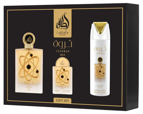 Coffret Cadeau Tharwah Gold – Lattafa Pride | Eau de Parfum 3 Pièces